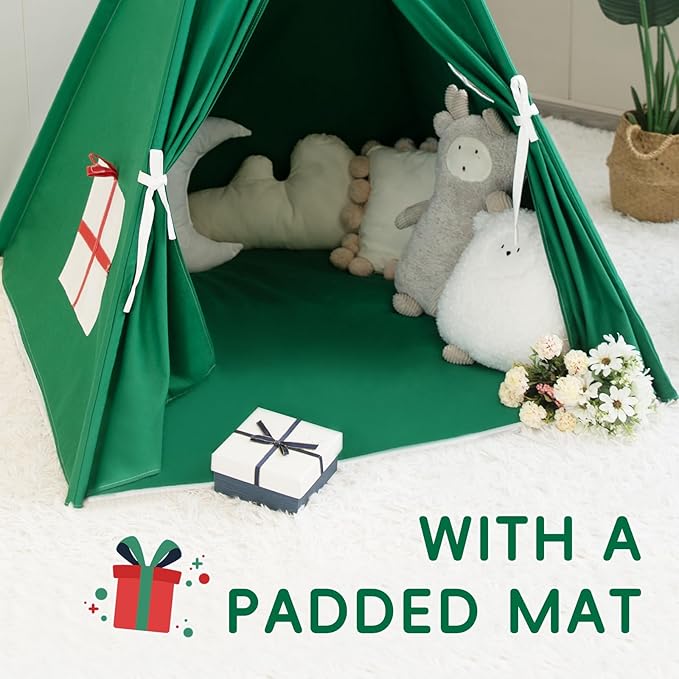 WIRHAO Christmas Tent for Kids with Padded Mat Cotton Canvas Teepee Tent Indoor for Toddlers Kids Play Tent for Girls Boys with Stars Lights, Carry Bag, Banner Flag (Merry Christmas)