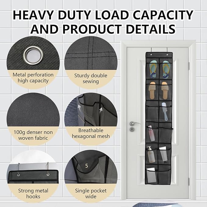 Auvotuis Over the Door Shoe Organizer, 12 Mesh Pockets Hanging Shoe Organizer with 4 Metal Hooks (Gray)