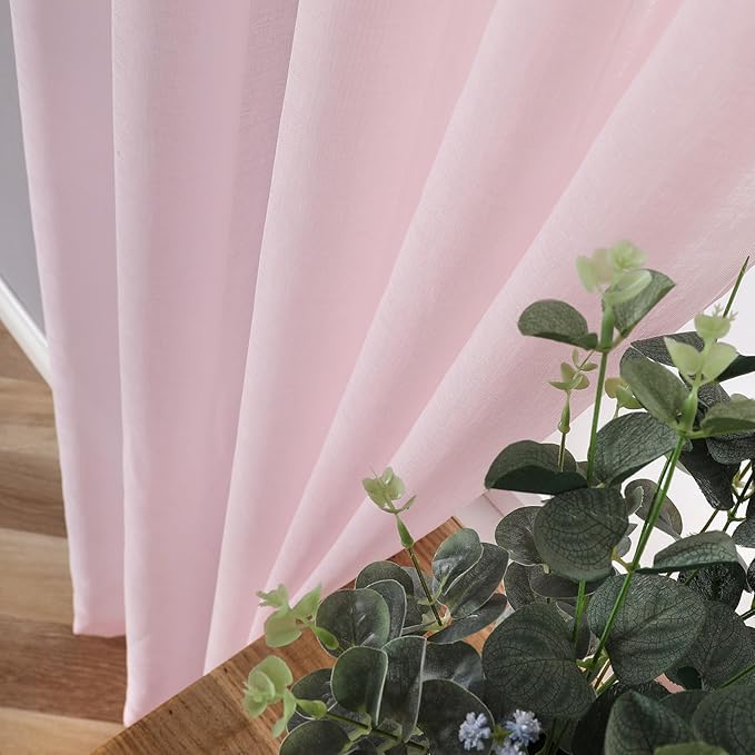 Tollpiz Sheer Curtains Living Room Linen Textured Curtain Sheers Light Filtering Voile Rod Pocket Curtains for Bedroom, 38 x 63 inches Long, Pink, Set of 2 Panels
