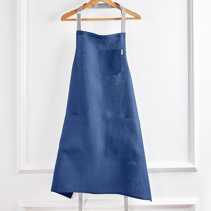 Solino Home Linen Bib Apron for Men & Women - 33 x 30 Inch Kitchen Apron with Front Pockets - Handcrafted from European Flax