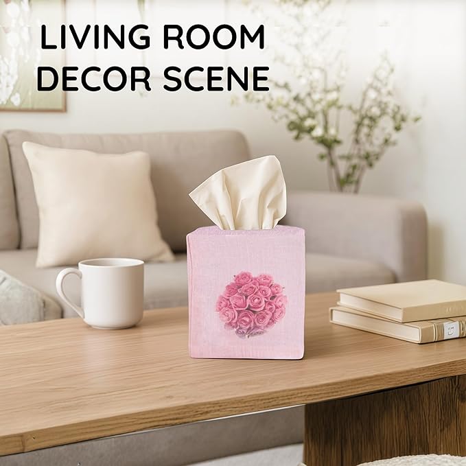 EmbroideryLinen.VN Tissue Box Cover Set of 2, Square Linen Tissue Holder, Printed Floral Design, 4.5x4.5x5.5 Inches, Decorative Holder for Bathroom, Living Room, Office (Rose)