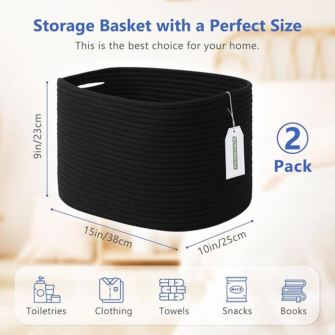 ECDYQXVU Cotton Rope Storage Basket, 15x10x9 Inches, Woven Basket for Shelves, Clothes, Towels, Books, and Laundry, Black (2 Pack)