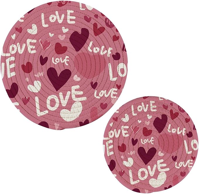 Valentine's Day Hearts Love Trivet Mat 2PCS Round Woven Potholders Kitchen Table Countertop Protector Hot Pads Farmhouse Coasters Counter Mats for Cooking Baking