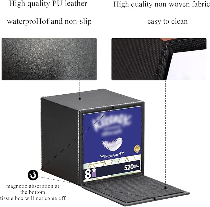 RHCSZ PU Leather Tissue Box Cover Square,Upgrade Large Size Napkin Holder Pumping Paper Case Dispenser,Facial Tissue Holder with Magnetic Bottom for Home Office Car Hotel Restaurant Black (Black-1)