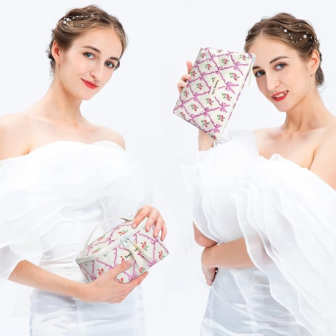HAOGUAGUA 2 Pieces Makeup Bag, Small Large Quilted Cosmetic Bag, Travel Floral Make Up Toiletry Organizer Bag for Women Girls (2PCS STYLE B-4)