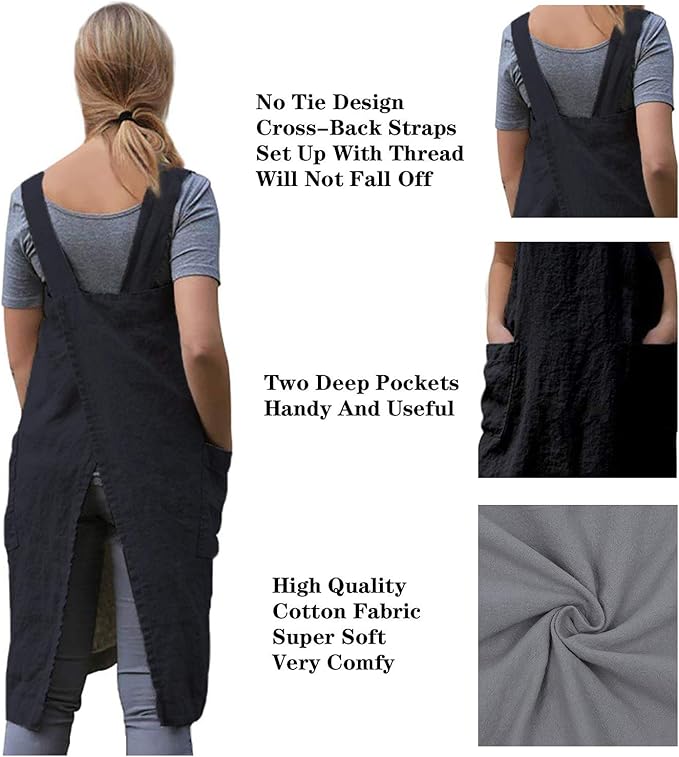 Women's Practical Cross Back Pinafore Apron with Large Pockets Home Kitchen,Restaurant,Coffee house,Cooking Gardening Works