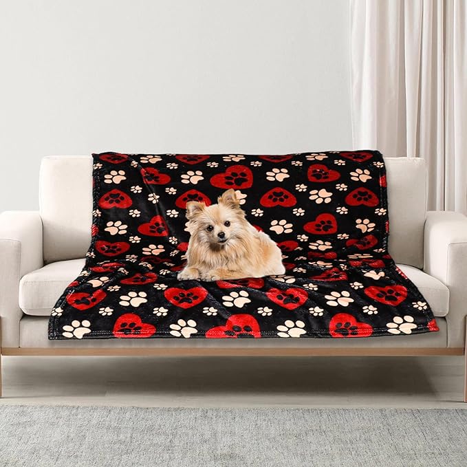Gowyeg Dog Blankets for Large Dogs, 50"x40" Blanket Washable, Fuzzy Soft Pet Mat Throw Cover for Kennel Crate Bed, Cute Paw Pattern, Cat Blanket, Gifts Medium Small Pet Essentials, Black Red