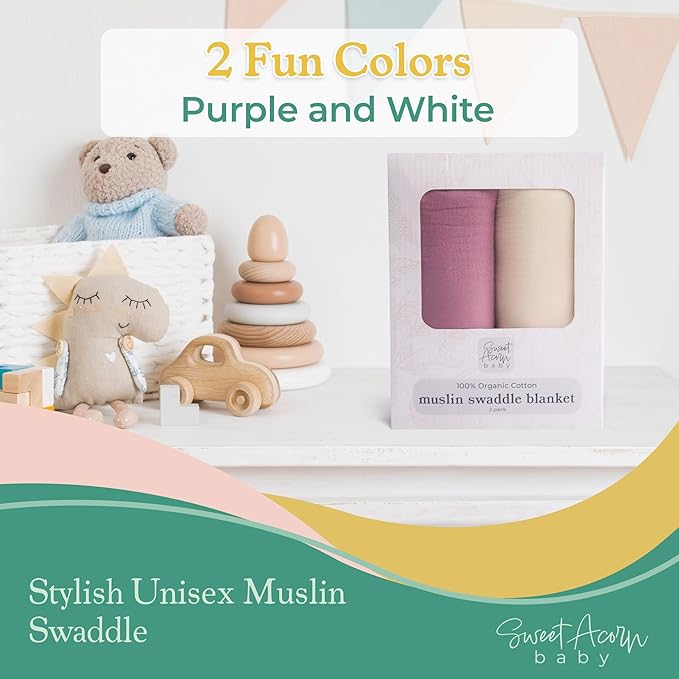 Sweet Acorn Muslin Swaddle Blanket – Soft Cotton Muslin Baby Blanket for Newborns, Infants, and Toddlers, All-Season Comfort Baby Essential - Purple and White