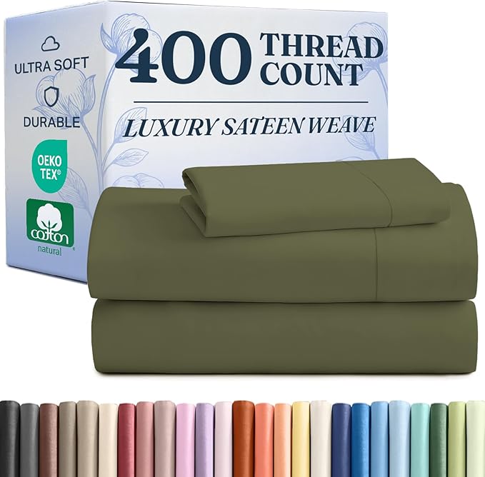400 Thread Count Cotton Sheet Set - Twin Size 100% Cotton Sheets - Easily Fits 8" to 16" Mattress - Silky-Soft, Wrinkle Free, Breathable & Comfy - Deep Pockets & Hotel Quality Bedding Set - Sage Green