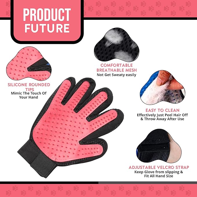 HappiTails Pet Grooming Gloves – 1 Pair – Deshedding & Bath Massage Mitts for Dogs & Cats – Choose from 5 Colors – Adjustable, Reusable & Easy to Clean (Pink)