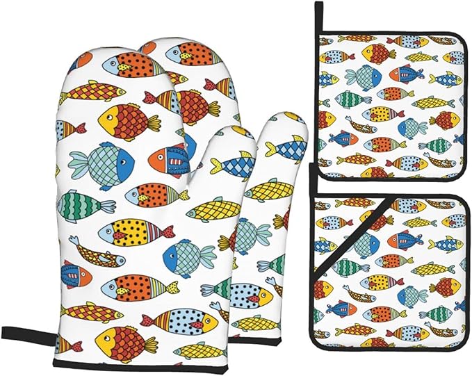 Colorful Fish Oven Mitts and Pot Holders Set of 4, Oven Mittens and Potholders Heat Resistant Gloves for Kitchen Cooking Baking Grilling BBQ
