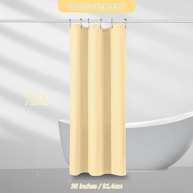 PANGSINNE Beige Stall Fabric Shower Curtain - Water Repellent Waffle Textured 256GSM Heavy Duty Cream Shower Curtains for Bath Tubs, Narrow Hotel Quality Ivory Bath Curtain Set with 6 Hooks, 36Wx72H