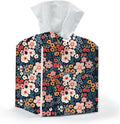 Tissue Box Cover, Tissue Box Holder, Square with Belt Bottom, PU Leather Decorative Organizer for Desk, Table, Countertop Bathroom, Toilet Car, Office, Dresser Bedside, Aesthetic Floral Decor