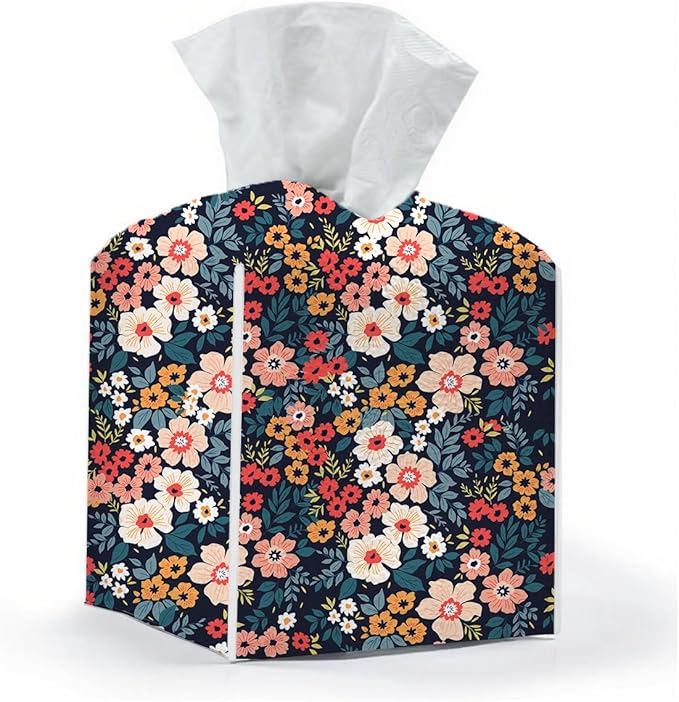 Tissue Box Cover, Tissue Box Holder, Square with Belt Bottom, PU Leather Decorative Organizer for Desk, Table, Countertop Bathroom, Toilet Car, Office, Dresser Bedside, Aesthetic Floral Decor
