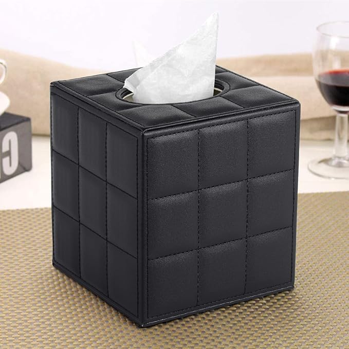 XNONE Tissue Box Cover Square Tissue Box Holder PU Leather Facial Organizer with Magnetic Bottom,Decorative Napkin Caddy for Vanity Dresser Night Stand Table Countertop Home Office Car,Black