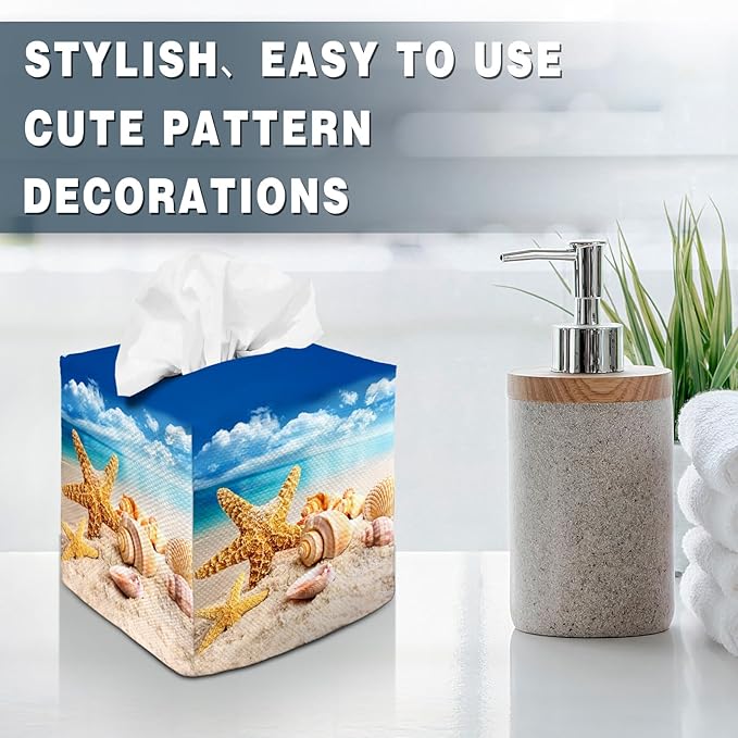 Tissue Box Cover Square Decorative Tissue Box Holder Cute Funny Cube Tissue Case Cover-Starfish Seashell Tissue Box Cover