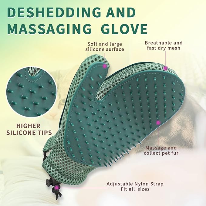 Mollypaws 2 in 1 Cat Fur Glove & Pet Hair Remover Glove, Dog Grooming Glove Brush for Shedding, Massage, Efficient Pet Hair Remover Mitt for Cleaner Couch, Carpet [Blue/Single]
