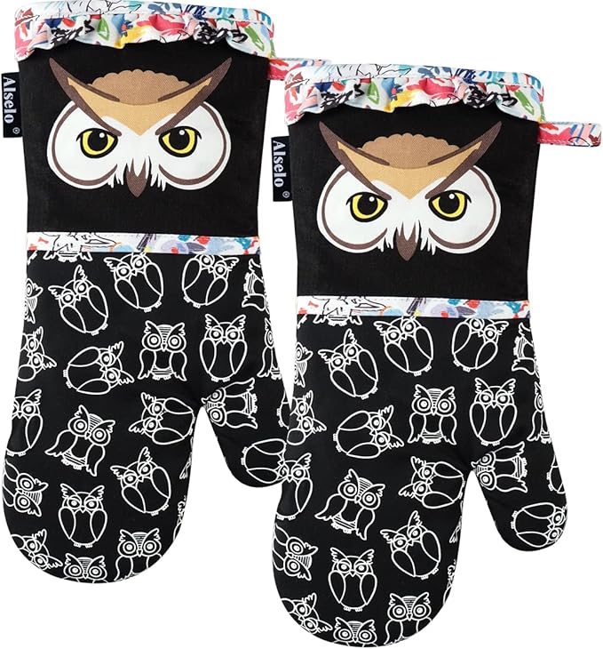 Oven Mitts, Heat Resistant with Soft Quilted Cotton Lining Set of 2, Fashion Animal Design with Silicone Printing Anti-Slip Kitchen Gloves for Safe Backing Cooking Barbecue（Black 2）