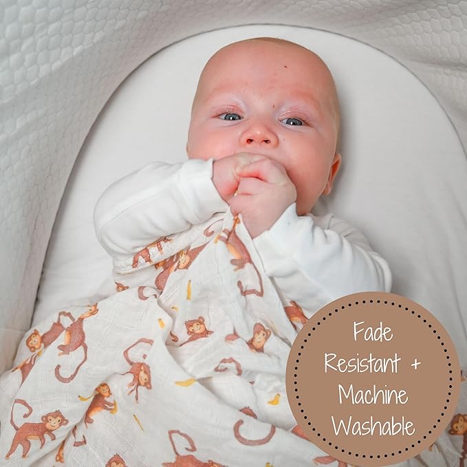 LollyBanks Muslin Swaddle Blankets, 100% Cotton Baby Swaddle Blanket for Boys and Girls, Large 47 x 47 Inches Newborn Swaddle, Soft and Breathable Baby Receiving Blankets, Registry (Monkey Print)