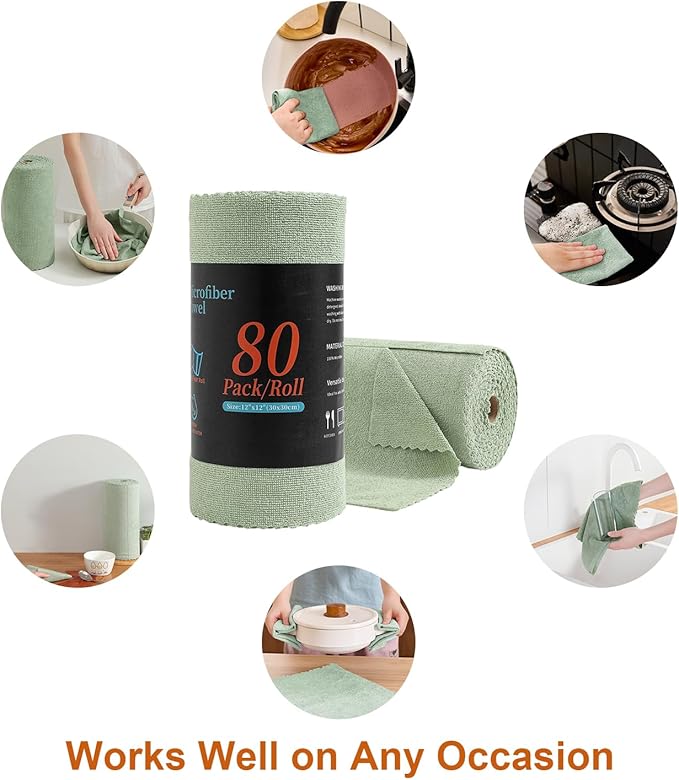 Tigona 80 Pack Microfiber Cleaning Cloth Roll,Lint Free Rags & Tear Away Reusable Towels Washable Scratch,Ultra Absorbent Dish Rags(12" x 12") for Car Kitchen Home Garage-Green