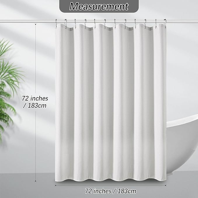 PANGSINNE White Shower Curtain 256GSM Weighted Waffle Water Repellent Heavy Duty Fabric, Machine Washable Hotel Quality Bathroom Shower Curtain Set with 12 Metal Hooks, 72Wx72H