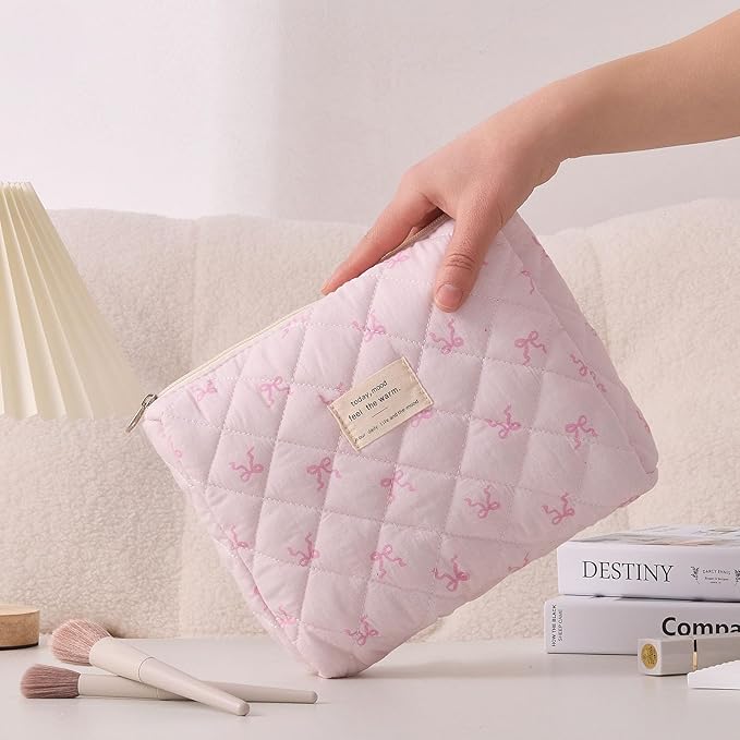 Cozomga Quilted Makeup Bag, Large Capacity Travel Cosmetic Bag for Women and Girls, Aesthetic Storage for Daily and Travel Use (3PCS-Pink SlimBow)