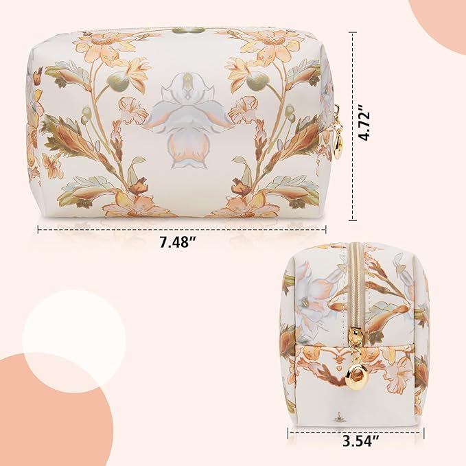 Floral Waterproof Makeup Bag, Leather Cosmetic Bag with Compartments, Zipper Make up Pouch Organizer, Portable Storage Travel Toiletry Bag Gifts for Women Girls(Rose Red Flower)