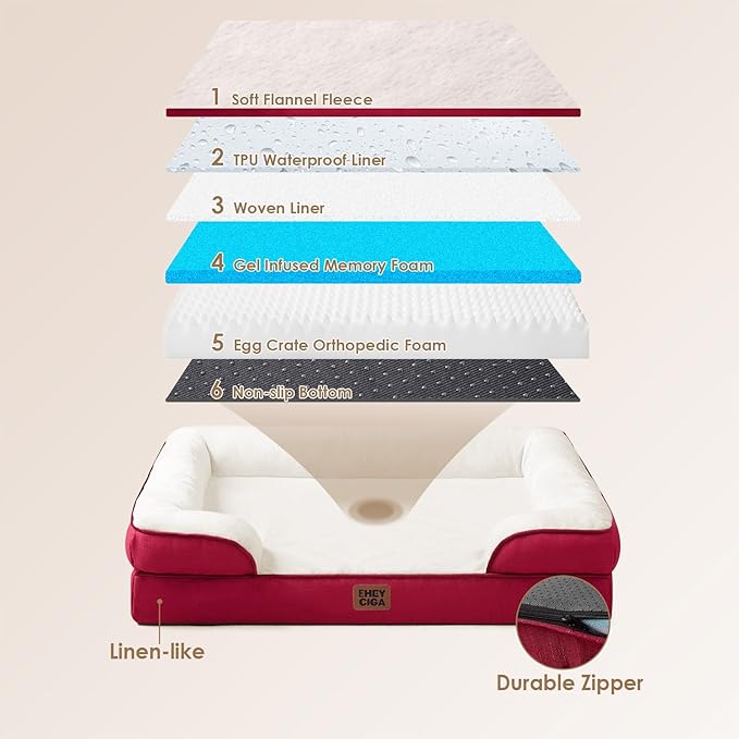 EHEYCIGA Orthopedic Dog Beds for Extra Large Dogs, Waterproof Memory Foam XXL Dog Bed with Sides, Non-Slip Bottom and Egg-Crate Foam Big Pet Couch Bed with Washable Removable Cover,Red