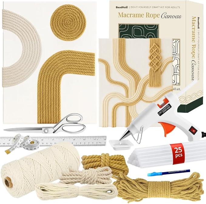 Macrame Kit for Beginners - DIY Rope Canvas Wall Art Kit with Ropes Supplies & Tools | DIY Macrame Art Wall Hanging Decor Starter Set, Craft Kits for Adults, Boho Aesthetic Home Decoration (Khaki)