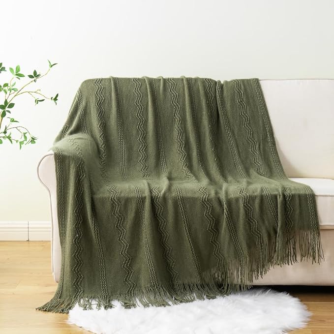 BATTILO HOME Olive Green Throw Blanket for Couch, Soft Army Green Blanket with Tassels for Home Decor, Decorative Knitted Throws for Couch Cover, 50"x60"