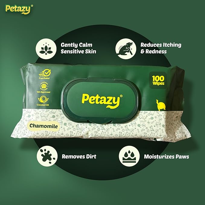 Petazy Dog Wipes for Paws and Butt Ears Eyes | XL 8x8 Natural Pet Wipes for Dogs | Hypoallergenic Chamomile Scented Dog Wipes Cleaning Deodorizing | Extra Thick Wipes Dogs Cats Pets | 100 Count