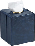 Cretkhp Luxury Square Tissue Box Cover, PU Leather Tissue Box Holder with Magnetic Closure and Gold Decorative Grommets for Bathroom Bedroom, Decorative Elegant Cube Tissue Holder (Blue)