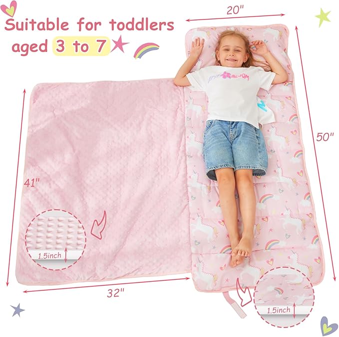 Toddler Nap Mat with Pillow and Blanket, Extra Large Rolled Napping Mats,Toddler Sleeping Bag for Daycare,Kids Sleeping Bags for Sleepover,Toddler Sleeping Bag Camping