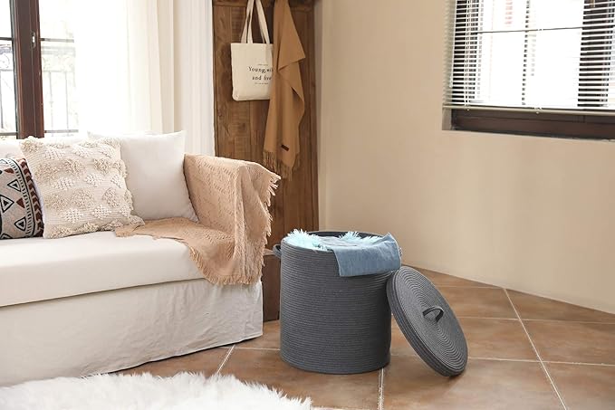 Cottonphant 16" x 16" x 18" Extra Large Storage Basket with Lid, Cotton Rope Storage Baskets, Laundry Hamper, Cloth Bin, for Clothes Towels Blankets Pillows Storage in Living Room, All Dark Grey