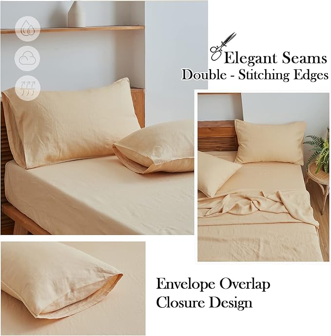 Simple&Opulence Washed Linen Bed Sheet Set Basic Style 4 Pieces (1 Flat Sheet & 1 Fitted Sheet & 2 Pillowcases) 100% Natural French Flax Soft Breathable Farmhouse Bedding (Queen, Sand)