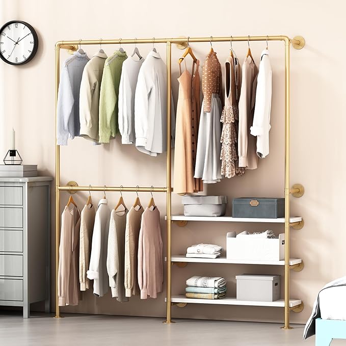 KAILNKISS Industrial Pipe Clothing Rack, Gold Clothing Rack with Shelves, Wall Mounted Clothes Rack Heavy Duty Closet Organizers Wardrobe Multi-Purpose Storage Clothes Hanging Shelf - 70.8''L Gold