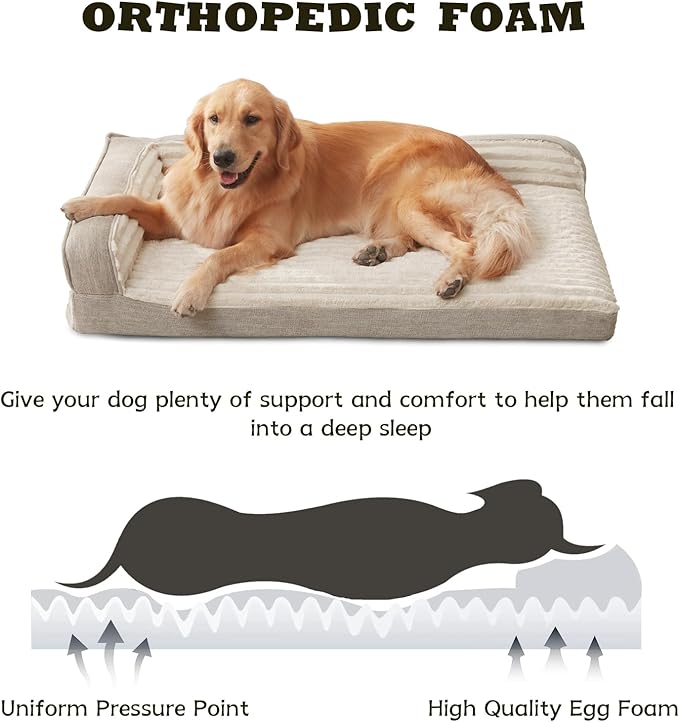 WINDRACING Orthopedic Dog Beds for Large Dogs, Waterproof Egg Foam Dog Sofa Bed with L Bolster Sides, Washable Large Pet Bed with Removable Cover & Non-Slip Bottom, 36 x 27 inch, Beige
