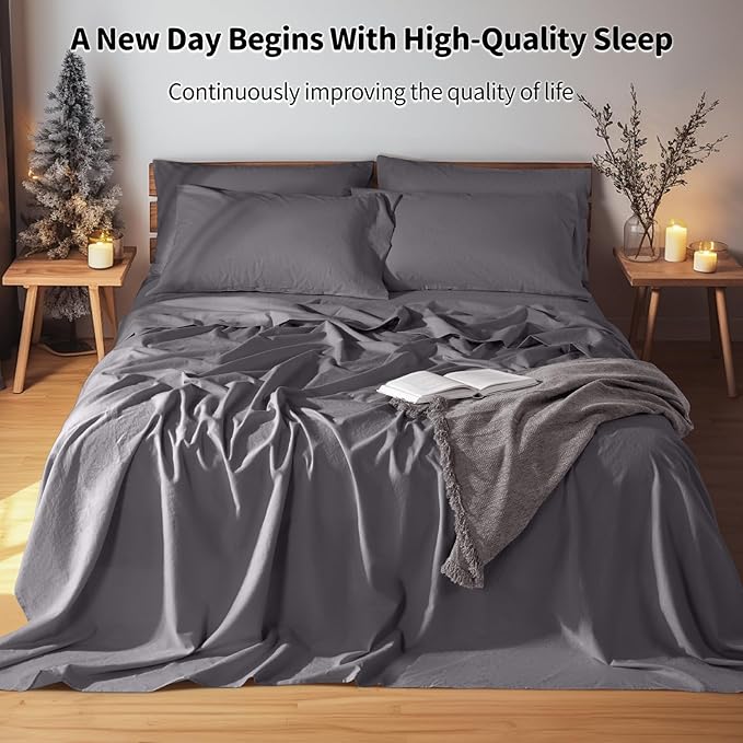 LBRO2M 100% Linen Sheet Set Queen Size, Bed Sheets 6 Piece Sets,Solid Color Natural Flax Bed Sheets Soft Breathable Bedding,16" Deep Pocket,All Season (Queen, Dark Grey)