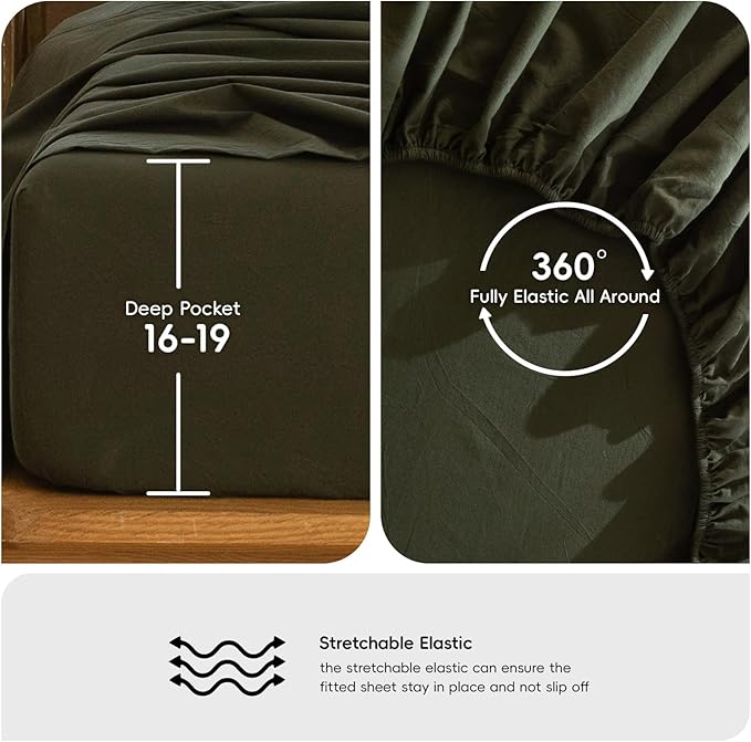 MooMee Bedding Sheet Set 100% Washed Cotton Linen Like Textured Breathable Durable Soft Comfy (Solid Olive Green, Twin)