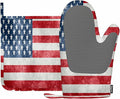 Mxocom Grungy Us Flag Oven Mitts and Pot Holders Sets Vintage American Flag Red Stripes Ancient Country Flag Silicone Heat Resistant Kitchen Oven Gloves Pot Holder for Cooking