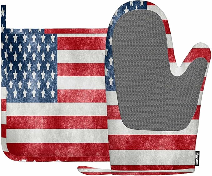 Mxocom Grungy Us Flag Oven Mitts and Pot Holders Sets Vintage American Flag Red Stripes Ancient Country Flag Silicone Heat Resistant Kitchen Oven Gloves Pot Holder for Cooking