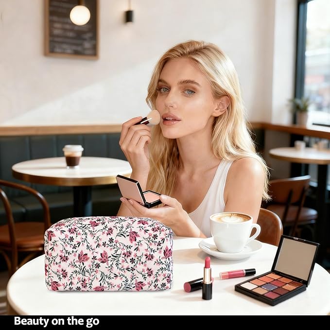 STARDW Cute Quilted Floral Makeup Bag for Women, Large Capacity Travel Toiletry Bag with Zipper and Canvas Lining