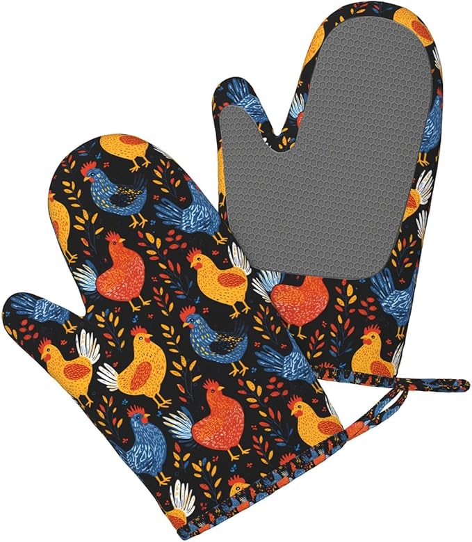 Heat Resistant Oven Mitts 2 Pack, 500°F Silicone Oven Gloves with Non-Slip Grip, Soft Quilted Cotton Lining for Baking, Grilling, BBQ, Cooking (Rooster)