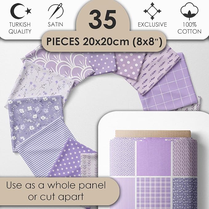 Cotton Satin Patchwork Fabric Panel – 35 Designs, 20×20 cm Squares, Single Piece 150×110 cm, Lavender Floral Quilt Fabric (Lavender Dreams Patchwork Set, 35pcs 8x8 inch)