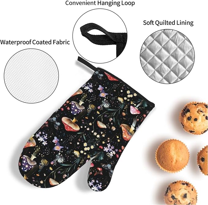 Oven Mitts and Pot Holders Sets of 4 Mushroom Botanical Vintage Kitchen Potholder Gloves Heat Resistant Non-Slip for Chef Baking Cooking Grilling BBQ Mittens