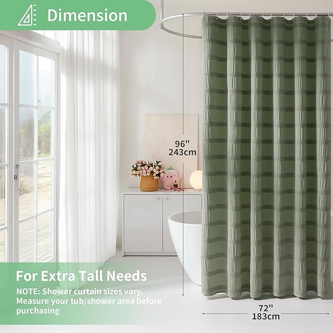 Lameirose Extra Long Sage Green Shower Curtain Farmhouse,72 x 96 Cotton Blend Waffle Tufted Striped Chic Textured Fabric Shower Curtain for Bathroom, Hotel