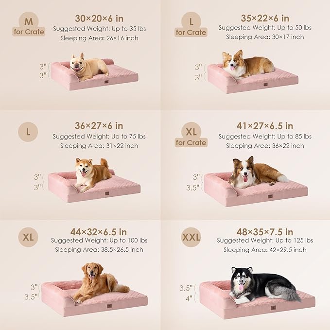 EHEYCIGA Large Dog Bed Memory Foam for Crate, Orthopedic Dog Bed Large Size Dogs with Washable Removable Cover, Waterproof Pet Sofa Couch with Nonskid Bottom, 35x22x6, Pink