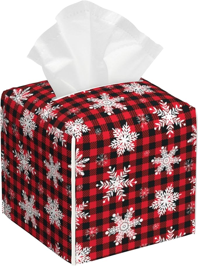 Red and Black Checkered Leather Tissue Box Holder Christmas Snowflakes Tissue Box Cover Square Waterproof Tissue Holder Organizer Modern Napkin Holder for Bedroom Dresser Night Stand Office Desk
