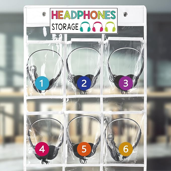 Vincreem 2 Pcs Over The Door Hanging Classroom Headphone Storage Organizer 30 PVC Clear Organizer Holder Pockets with 2 Pcs Headphone Storage Cards with Digital Stickers for Library Door Hanger