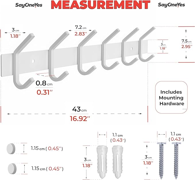 SAYONEYES White Coat Rack Wall Mount – 17 Inch Stainless Steel Hook Rail with 6 Heavy Duty Double Coat Hooks – Wall Mounted Coat Hanger for Entryway, Bathroom, Bedroom, Towel, Hat Organizer - 2 Pack